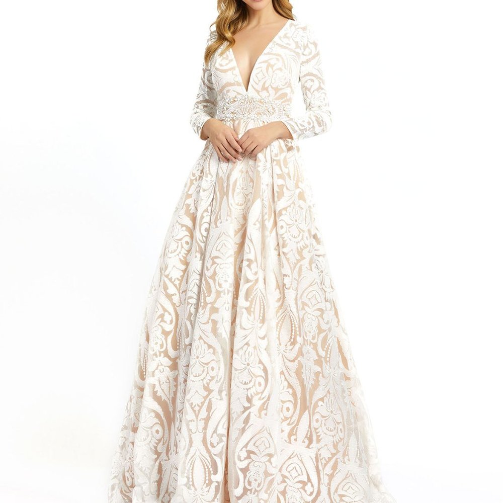 Mac Duggal Long Sleeve V-Neck Burnout Damask Embroidered Ballgown NWT